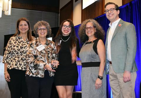 Shown during the presentation of the James Madison Award at the recent FOIFT conference in Austin are (from left) Yvonne Mintz, FOIFT vice president and TPA president; Lydia Aranda, Diana Fuentes’ sister; Ysa Aranda, Diana’s niece; Sylvia Fuentes, Diana’s sister; and Josh Hinkle, president of Investigative Reporters and Editors, where Diana was executive director.