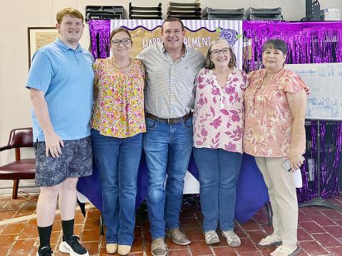 Friends and family gathered June 12 at the Hamilton Herald-News for a bittersweet retirement celebration for longtime HHN Editor and Co-publisher Maria Weaver. Shown are (from left) HHN team members Jaxon Hansard, Janice Velasquez, Publisher Grant Lengefeld, Weaver and Kim Tyson. Not pictured, Kate Edwards.    Photo by Saundra Lengefeld