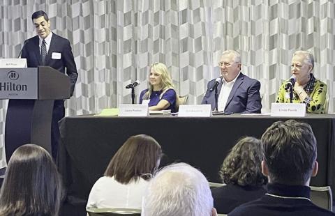 Arif Panju, (far left) managing attorney (Texas) Institute for Justice, and a member of the executive committee for the Freedom of Information Foundation board of directors, moderated a panel session on priorities for the 2025 Legislative session during the recent FOI annual state conference. Panelists were (seated, from left) First Amendment attorney Laura Prather, a partner at Haynes and Boone, LLC; First Amendment attorney Bill Aleshire; and Linda Pavlik, award-winning former investigative reporter repre