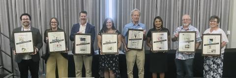 Showing off division sweepstakes awards in the 2024 Texas Better Newspaper Contest are (from left) Nicholas Cicale, Williamson County Sun in Division 3; Kylie Bailey, Graham Leader in Division 4; Ken Cooke, Fredericksburg Standard Radio-Post in Division 5; Abigail Allen, Pilot Point, Post Signal in Division 6; Craig Garnett, Pearsall, Frio-Nueces Current in Division 7; Ana Cosino-Mize, Madisonville Meteor in Division 8; Roger Estlack, Clarendon Enterprise in Division 9; and Nicole Smith, Luling Newsboy and 