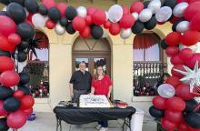 Displaying a cake commemorating the 135th birthday of the Devil’s River News are Publisher/owner Randy Mankin and Editor Angie Bryant. Festival events celebrating the anniversary were held in downtown Sonora. (Devil’s River News photo)