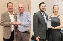 The Fort Bend Herald in Rosenberg and The Texas Tribune received Spirit of FOI awards at the Freedom of Information Foundation of Texas annual state conference. The Nancy Monson Spirit of FOI Award honors journalism that upholds First Amendment rights and promotes open government. Showing off the awards are (photo at left) Fred Hartman of Hartman Newspapers and Scott Reese Wiley of the Fort Bend Herald in Class A and (photo at right) James Barragán and Kate McGee of the Texas Tribune. 